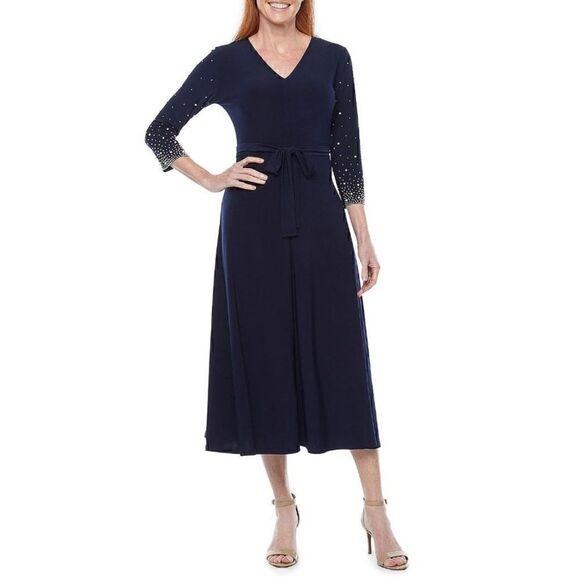Woman PLUS MSK Navy Beaded Fit & Flare Stretch V-neck Dress midi dress 1X  New - Picture 4 of 11